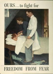 Caption: Norman Rockwell, Freedom from Fear, 1943, offset color lithograph on paper, Texas War Records Collection, 85.170.159