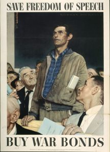 Caption: Norman Rockwell, Freedom of Speech, 1943, offset color lithograph on paper; Texas War Records Collection, 85.170.157