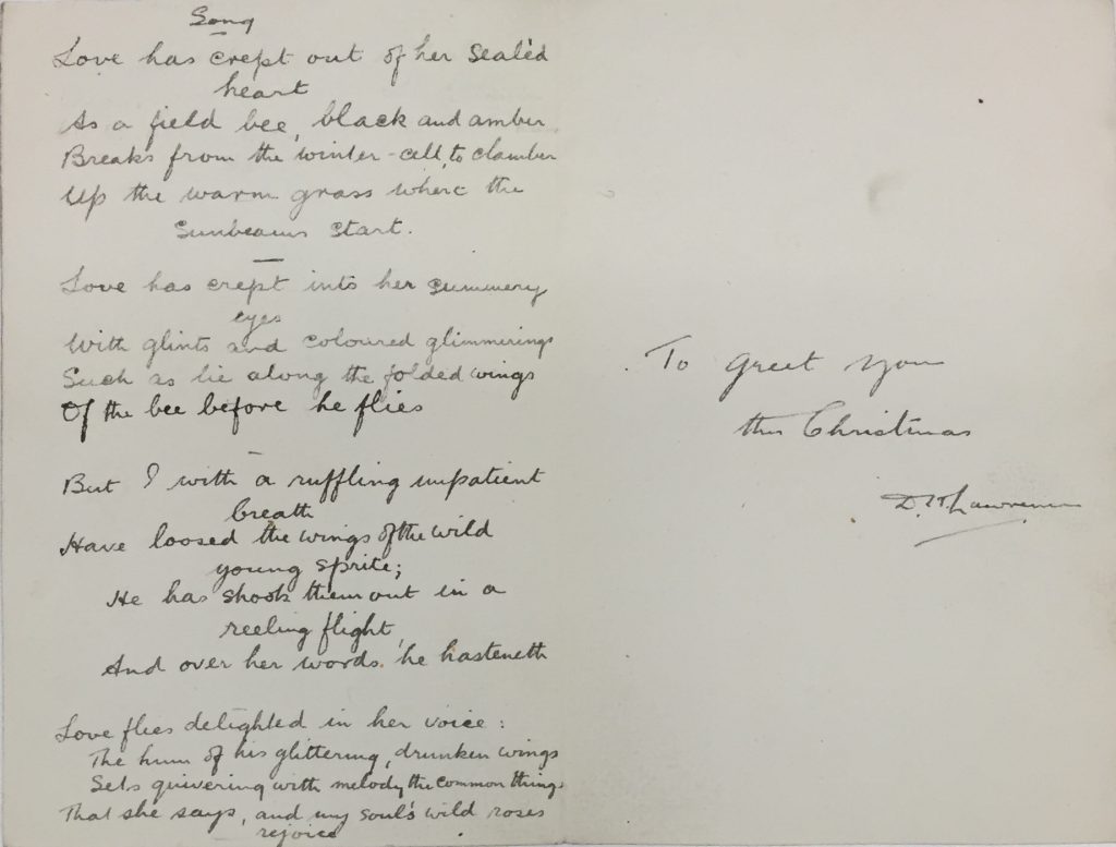 Inside of card, sent D.H. Lawrence to Grace Crawford, December 23, 1909. Watercolor and pen on paper, 1909, D.H. Lawrence Collection, 33.2