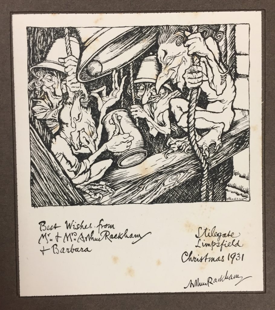 Arthur Rackham, signed holiday greeting card, George L. Lazarus Collection of Arthur Rackham Printed Ephemera, -q-NC 242 R3 G46.