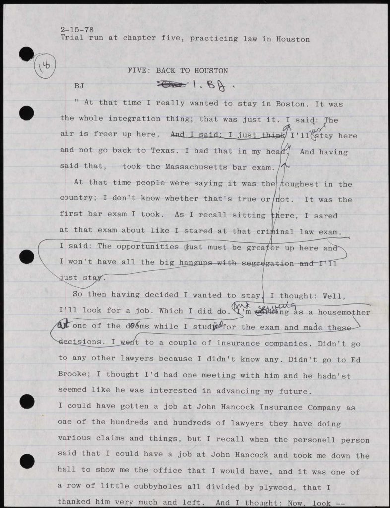 Shelby Hearon, Typescript page for Barbara Jordan: A Self Portrait, 1978, Shelby Hearon Papers, 3.15, Harry Ransom Center.