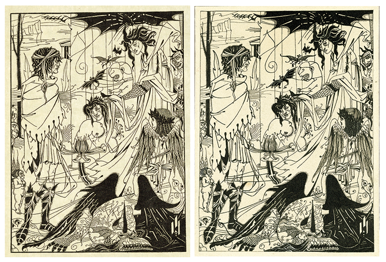 Forgery on the left and actual Beardsley drawing on the right