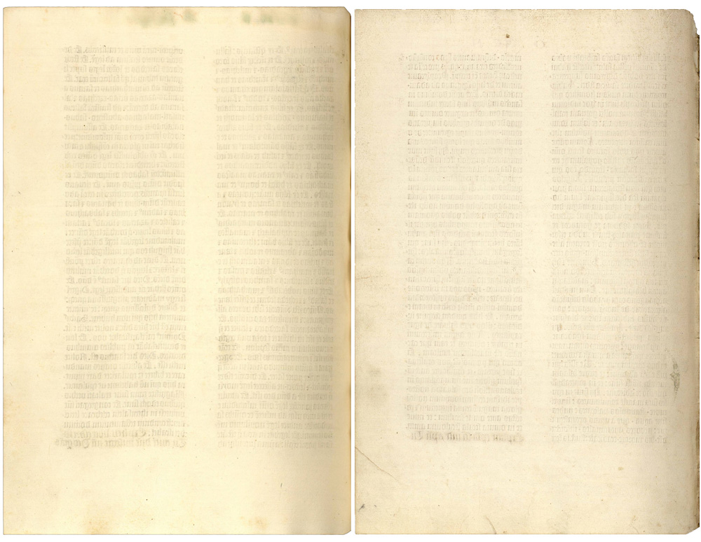 Two blank pages in the Ransom Center's Gutenberg Bible, fols. 246 verso and 633 verso.