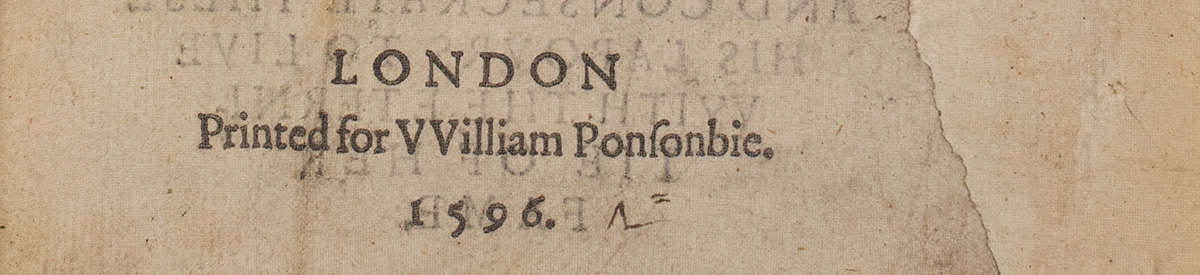 Selection from Edmund Spenser, The Faerie Queene (London: William Ponsonby, 1596). Harry Ransom Center Book Collection, uncataloged acquisition. Alongside the title-page imprint, to the right of "1596," is the manuscript cipher used by an early secondhand bookseller to record the price they paid its previous owner for the book.