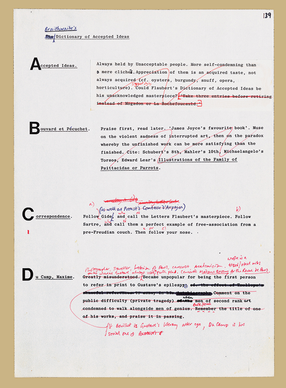Draft typescript with corrections of “Braithwaite’s Dictionary of Accepted Ideas” in Flaubert’s Parrot by Julian Barnes, 1984. Julian Barnes Papers 1971-2000, Box 5, Folder 1, Harry Ransom Center. © Julian Barnes.