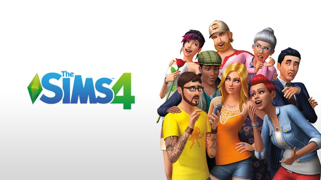 A cartoonish graphic of the Sims 4 game with eight sims characters on a white background
