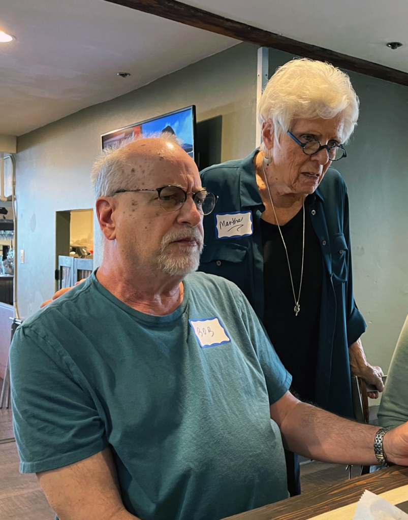 Foodies at Trudy's, 2/22/2023 - Bob and Martha are concerned about the shrubbery wall