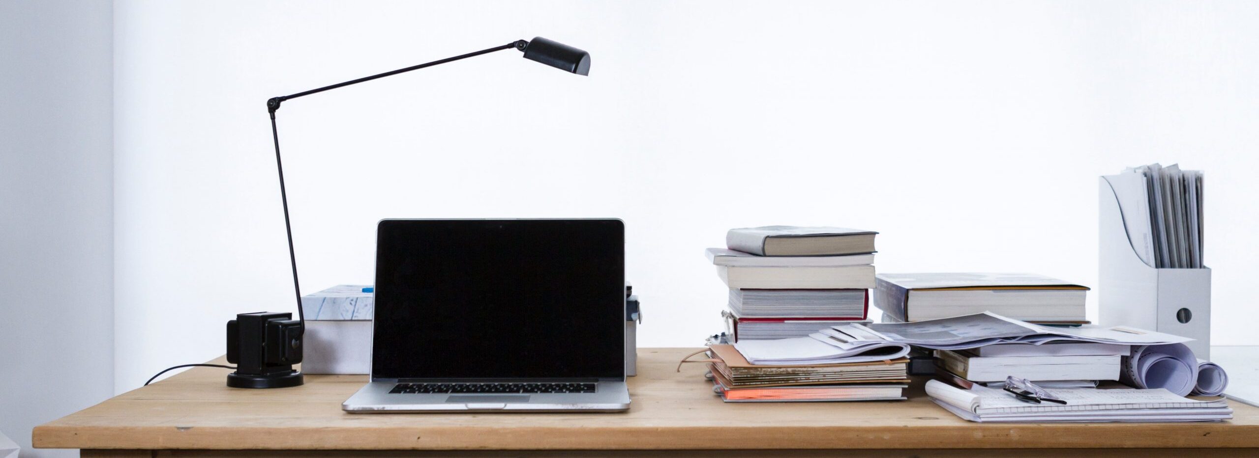 desk, laptop, books