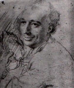 An unfinished black charcoal portrait of poet laureate Laurence Eusden, done on white canvas.