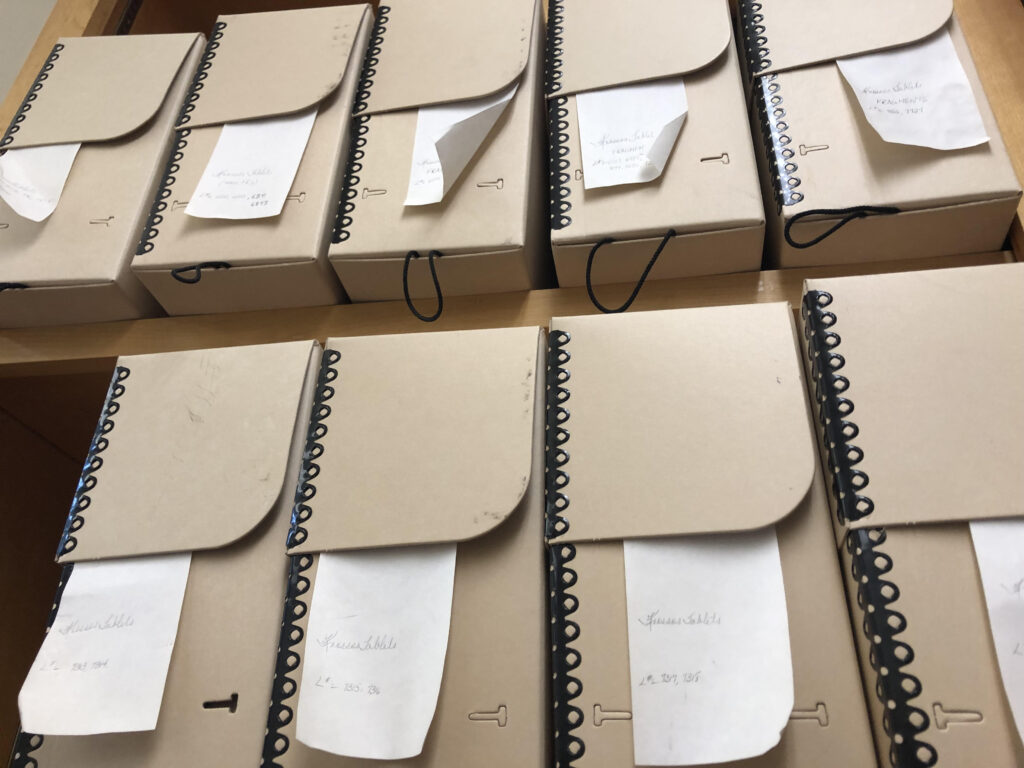 Knossos Tablet Photo Archives boxes labelled by Kerri Cox, c. 1988 through 2024!