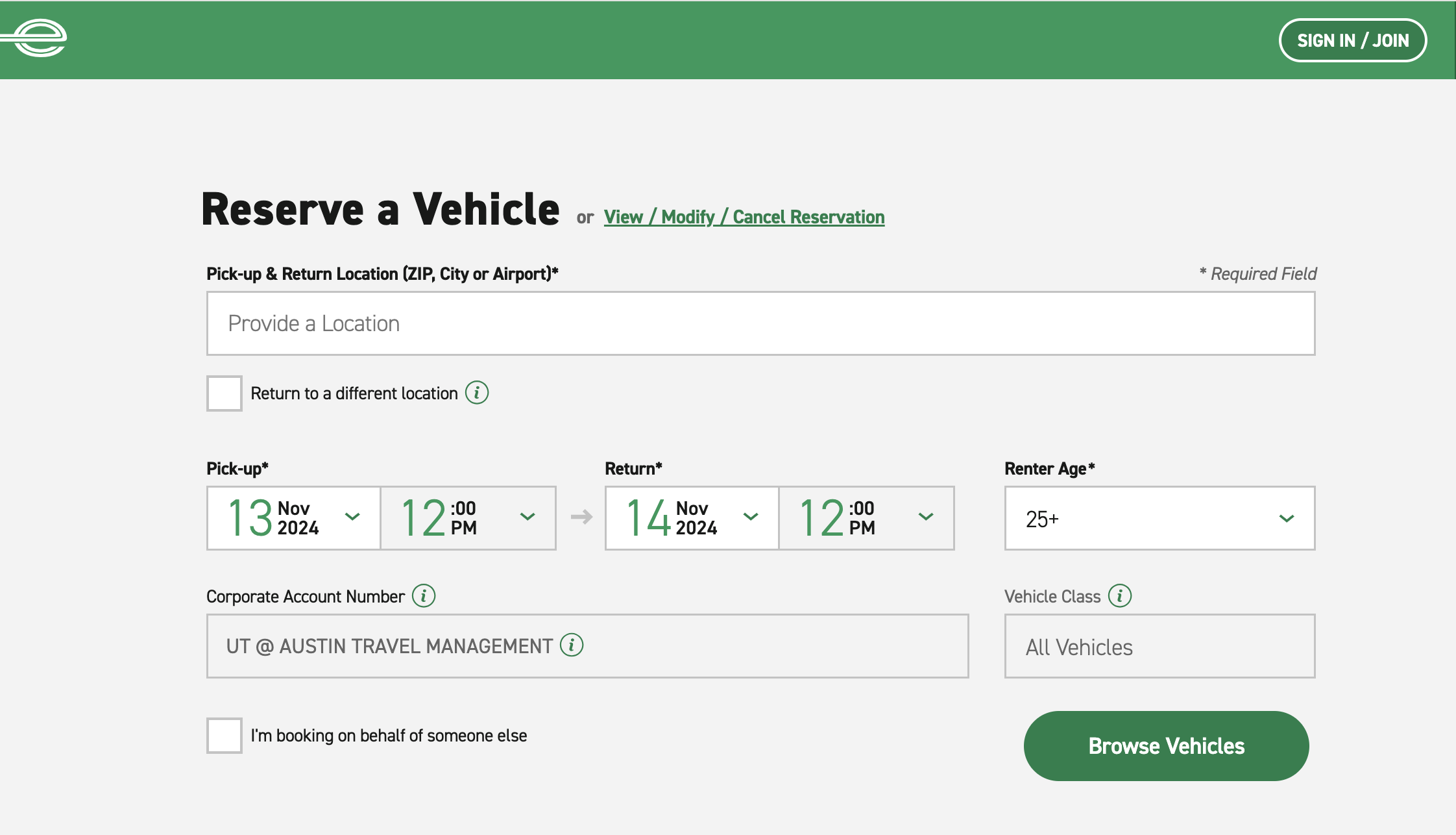 Screenshot of the Reserve a Vehicle interface from Enterprise. It includes fields to input the pick-up and return location, date and time for vehicle pick-up and return, and renter age. There's an option to enter a corporate account number, select a vehicle class, and check a box to indicate if booking on behalf of someone else.