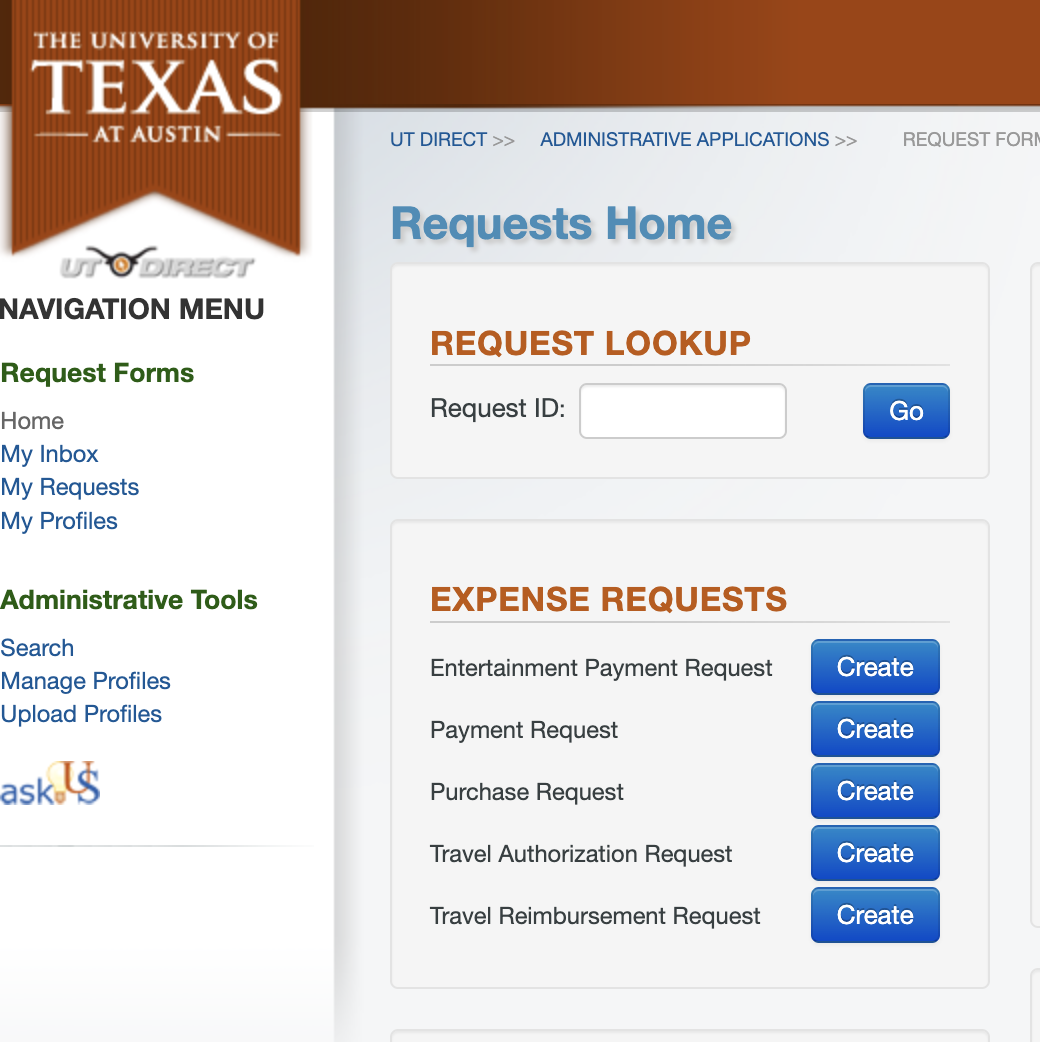 Screenshot of the University of Texas at Austin Request Forms home page. It features a navigation menu with links to request forms, including expense requests like entertainment payment, payment, purchase, travel authorization, and travel reimbursement requests.