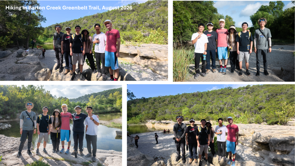 Four photos of SEAI Lab members hiking together along Barton Creek in Austin