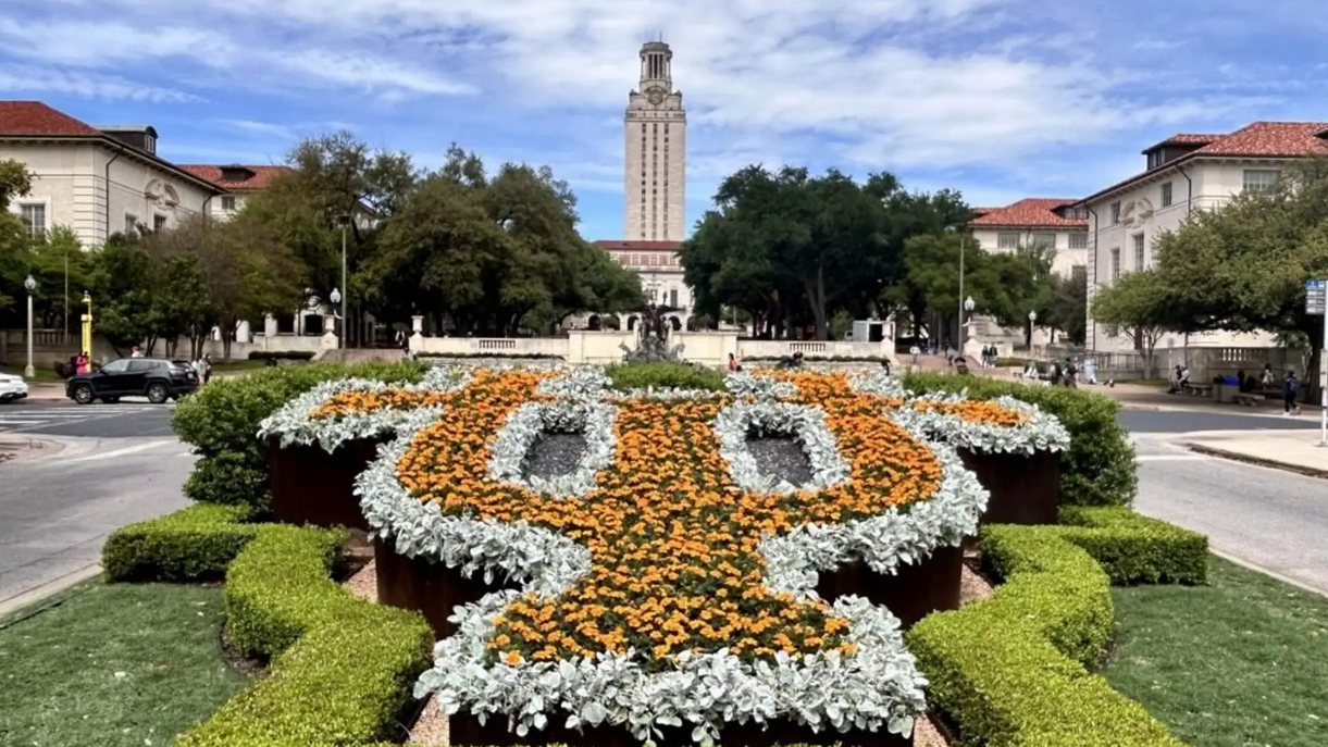 View of UT Austin's Main Tower and landscaping