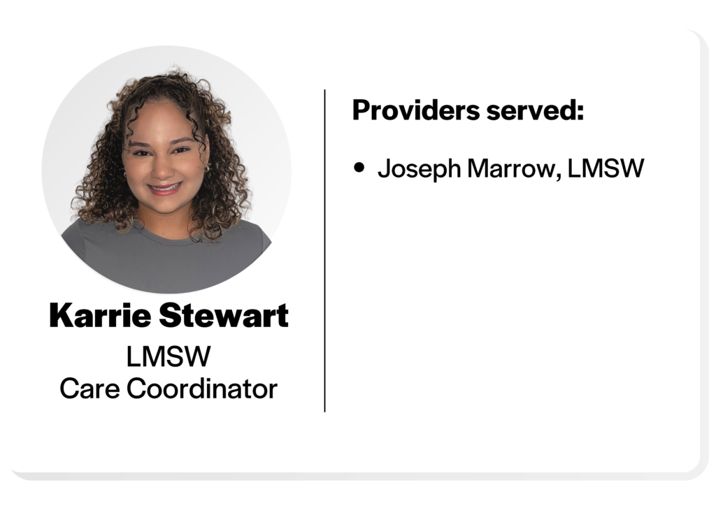 Headshot of Karrie Stewart, LMSW, Care Coordinator. 