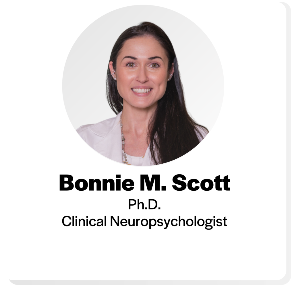 a head shot with bonnie m scott P H D, clinical neurpsychologist