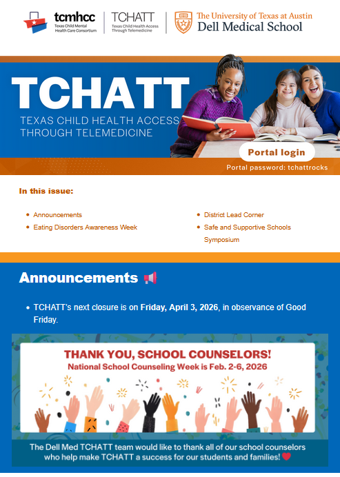 part of the february 2026 tchatt newsletter, including the table of contents, announcements and a thanks to school counselors