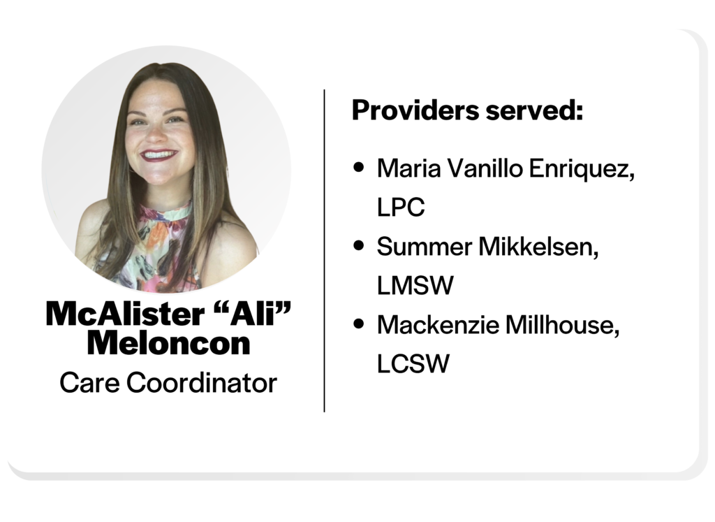 head shot of mcalister meloncon and the providers she serves: maria vanillo enriquez, summer mikkelsen and mackenzie millhouse