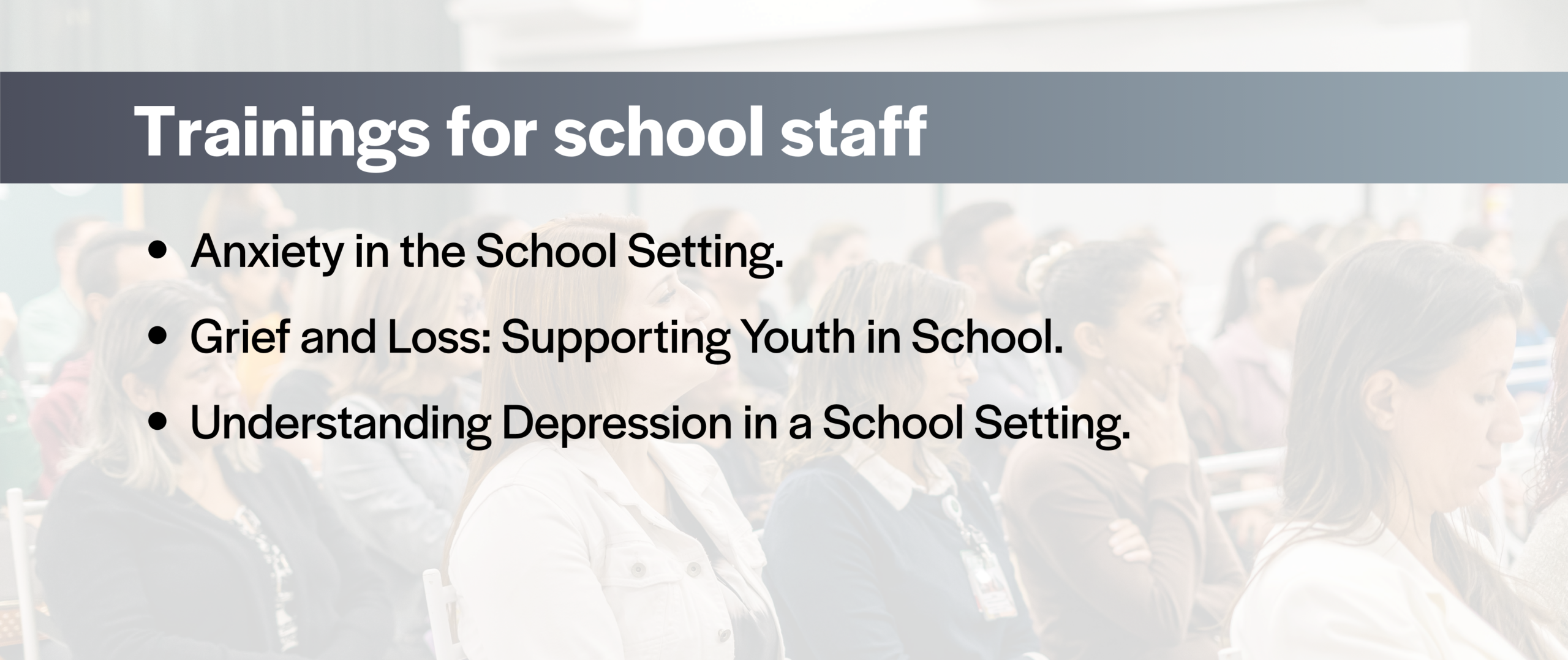 a bulleted list of trainings for school staff: anxiety in the school setting, grief and loss: supporting you in school; understanding depression in a school setting