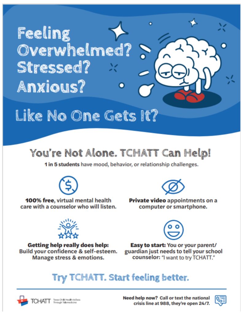 a flyer for students experiencing mental health concerns, with a brain graphic and a blue background