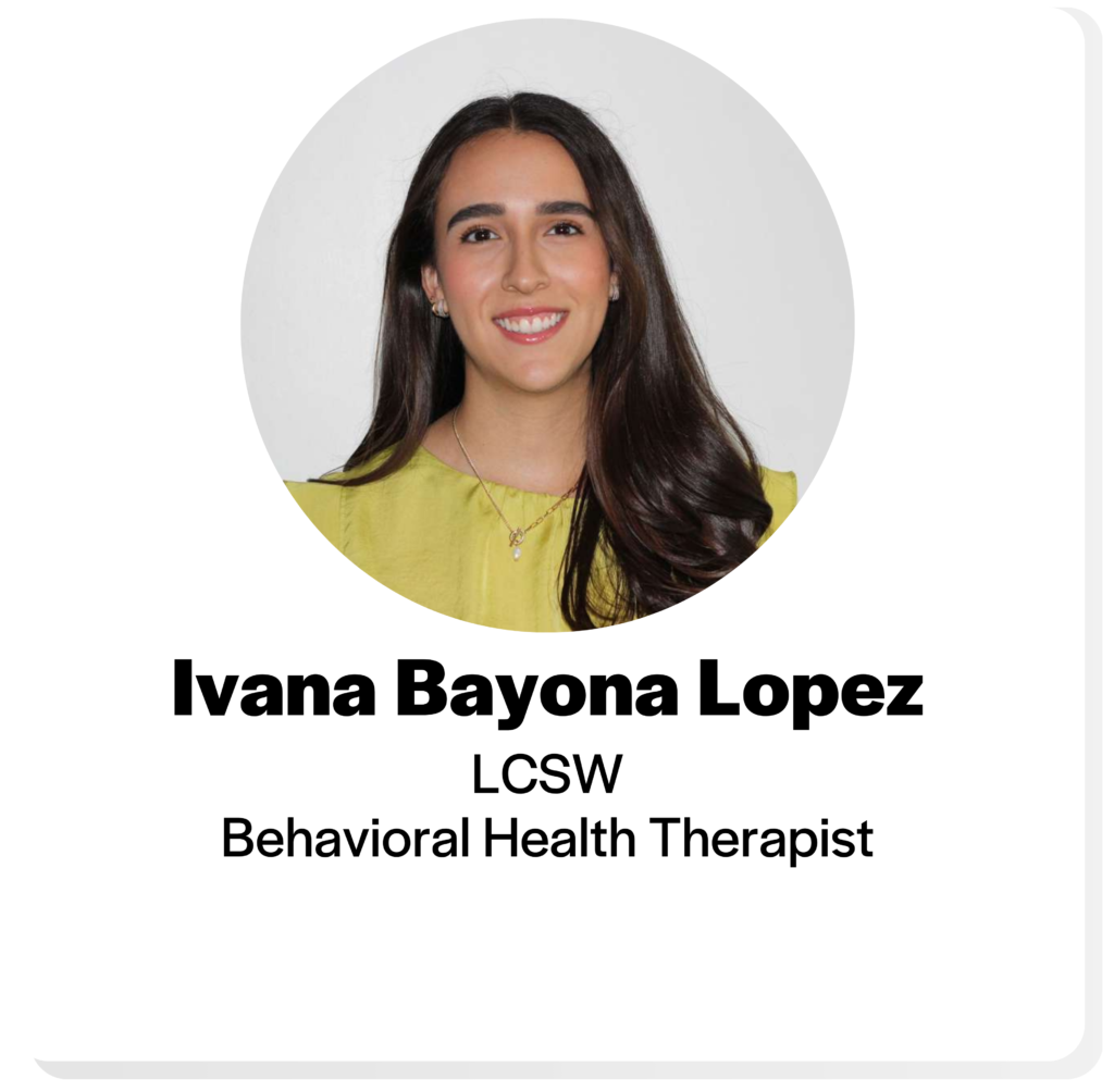 headshot of a woman with long dark hair and a yellow blouse with the title: ivana bayona lopez L C S W behavioral health therapist