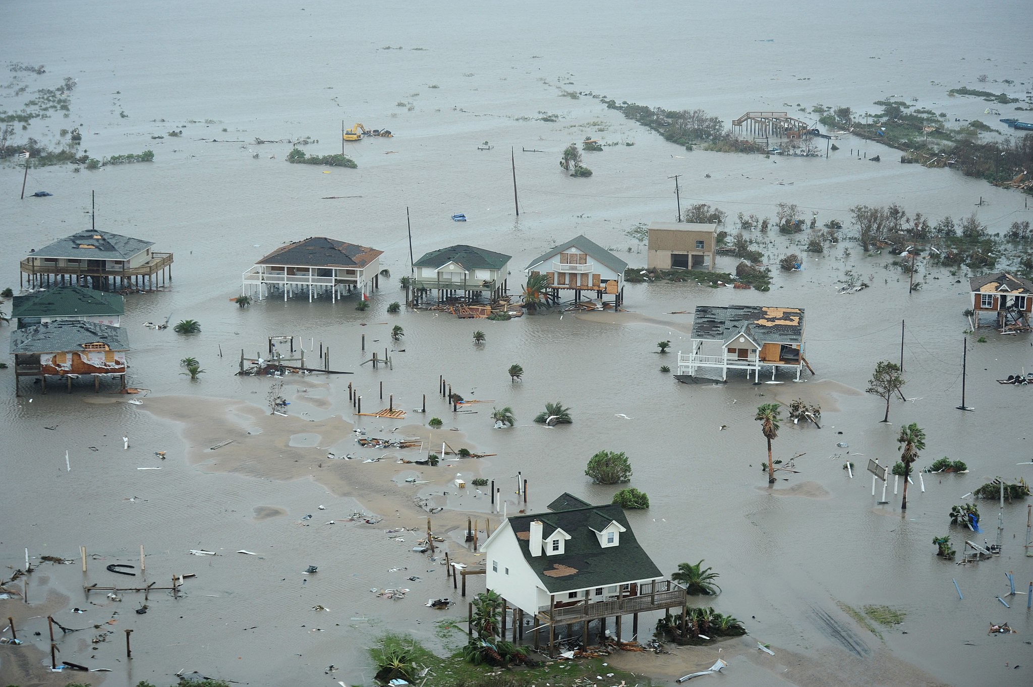 Birdseye view of Galveston Island stilt homes in flood waters after Hurricane Ike.