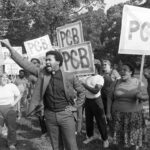 Group of protesters holding "no PCB" signs in an outdoor clearing with trees behind them.