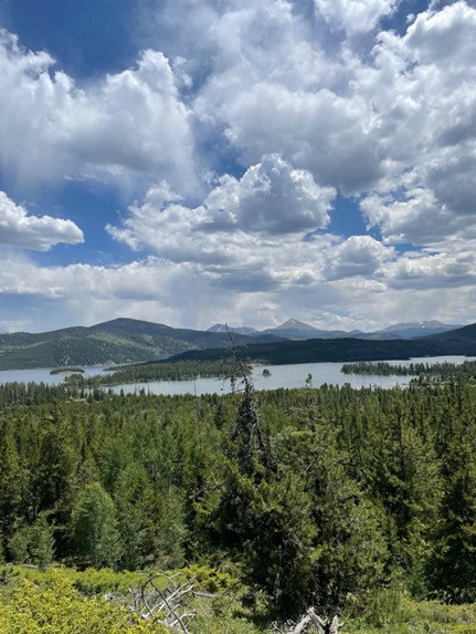 Panoramic view of lake with green trees in foreground and fluffy white clouds in the blue sky.