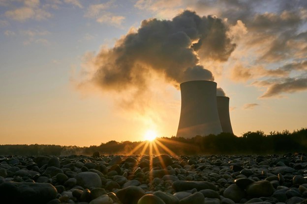 Low-angle photo of nuclear power plant emitting smoke, with sun on the horizon.