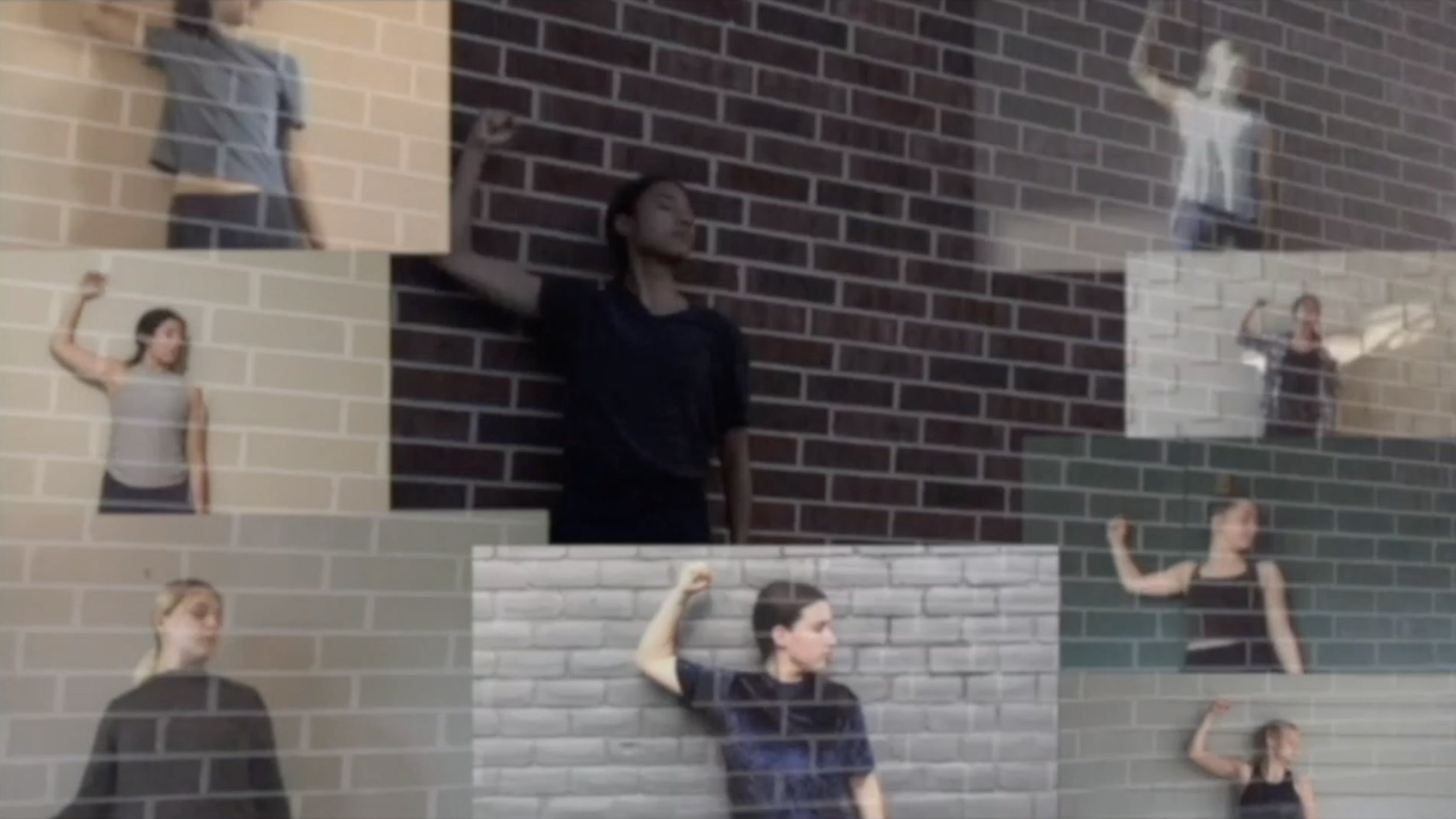 dancers in different locations in front of a brick wall