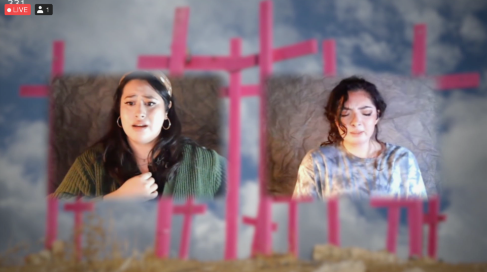 two actresses performing remotely with crosses in the background