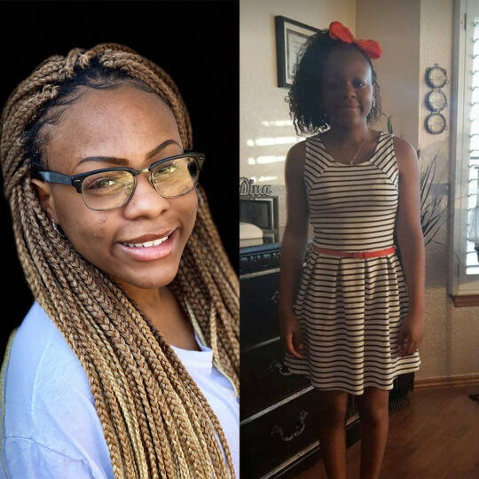 photo of woman with braids and glasses next to a photo of herself as a child with a dress and bow on