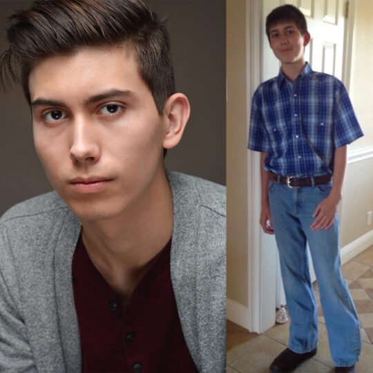 photo of a man with short brown hair wearing a gray cardigan next to a photo of himself as a child wearing a blue plaid shirt, blue jeans and boots