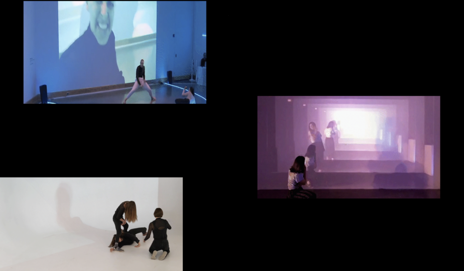 three images on a black screen - in the top left corner is a dancer posing in front of a projection of themself; on the right side is a dancer posed in front of multiple looping images of herself and in the bottom left corner is a group of three dancers wearing all black in a white room.
