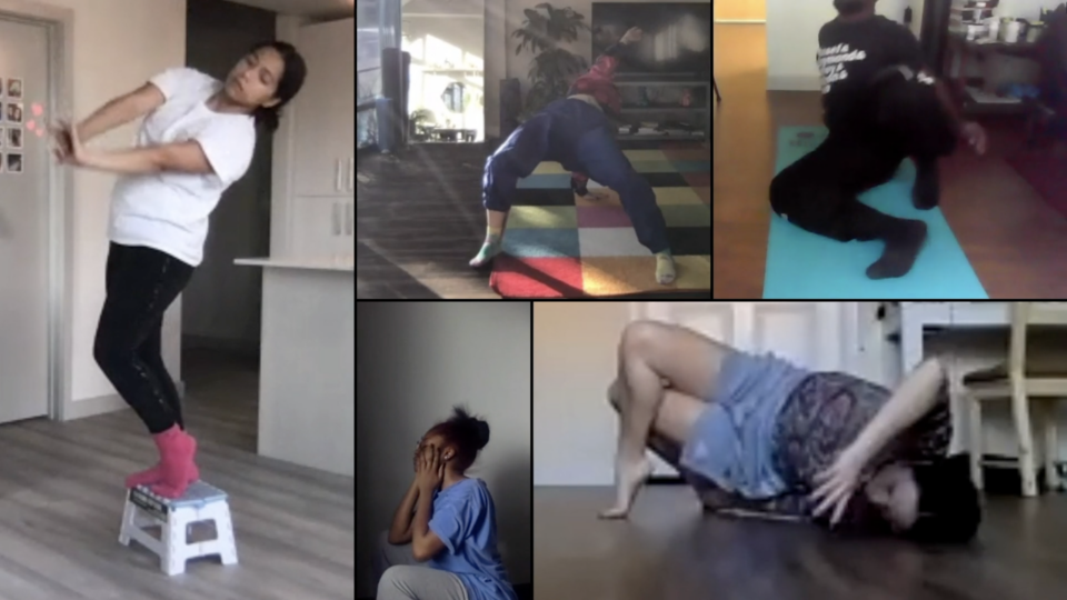 five students dancing in their rooms through their individual Zoom screens