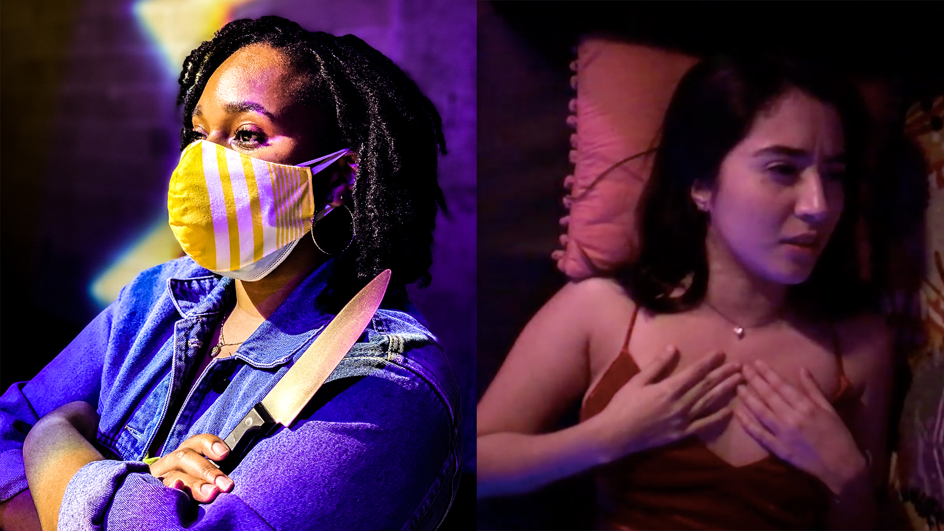 two photos: one is a woman in a mask and the other is a woman lying in bed