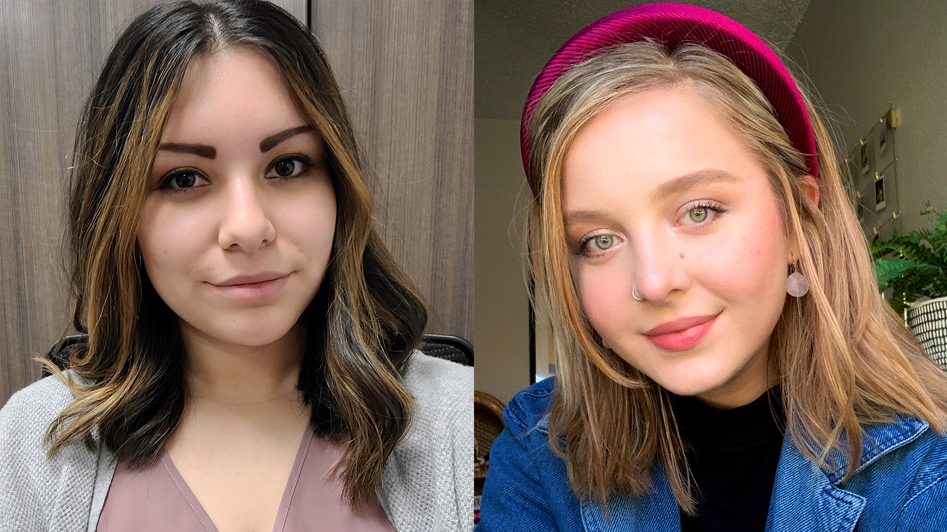 two headshots of women side by side, one with dark brown hair and the other with blonde hair and a thick headband