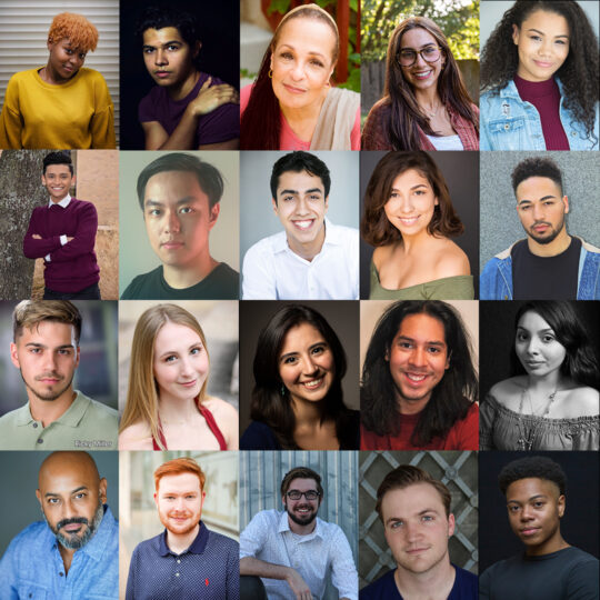 headshots for 20 actors, organized in a square with five columns and four rows