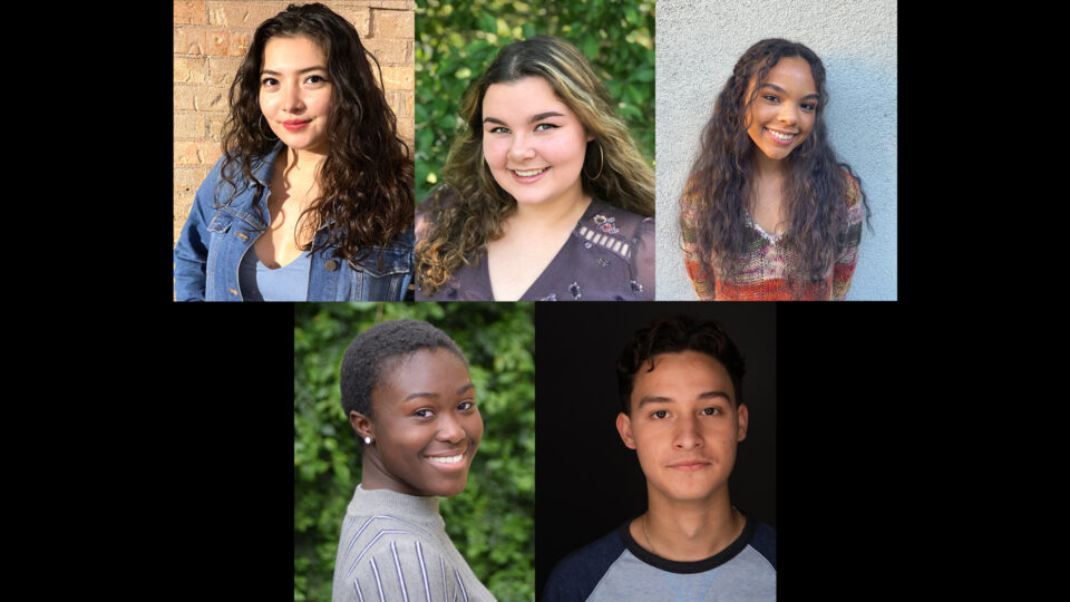 headshots of five actors, layered with three in the top row and two in the bottom row