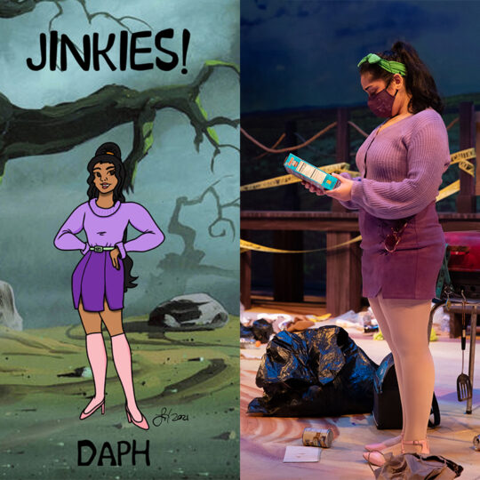illustrated rendering of "Daph" next to a production photo of an actress wearing a purple skirt and sweater