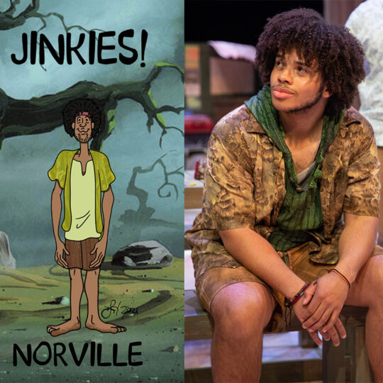 Illustrated rendering of "Norville" next to a production photo of a man with curly brown hair wearing a green v-neck