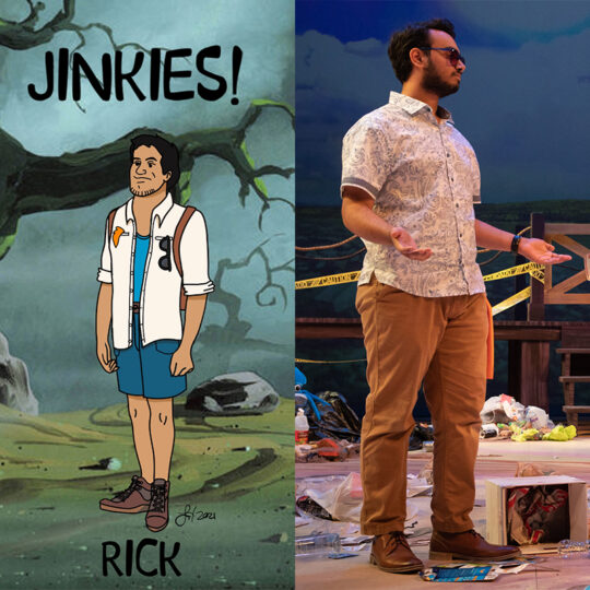 illustrated rendering of "Rick" next to a production photo of a man with dark hair, sunglasses and khaki pants