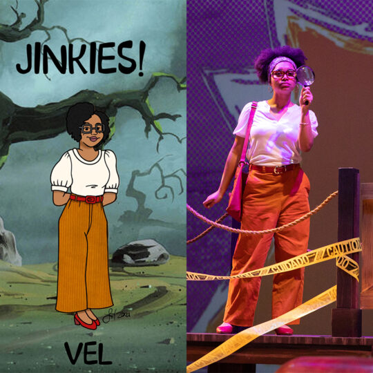 illustrated rendering of "Vel" next to a production photo of a woman in orange pants holding a magnifying glass