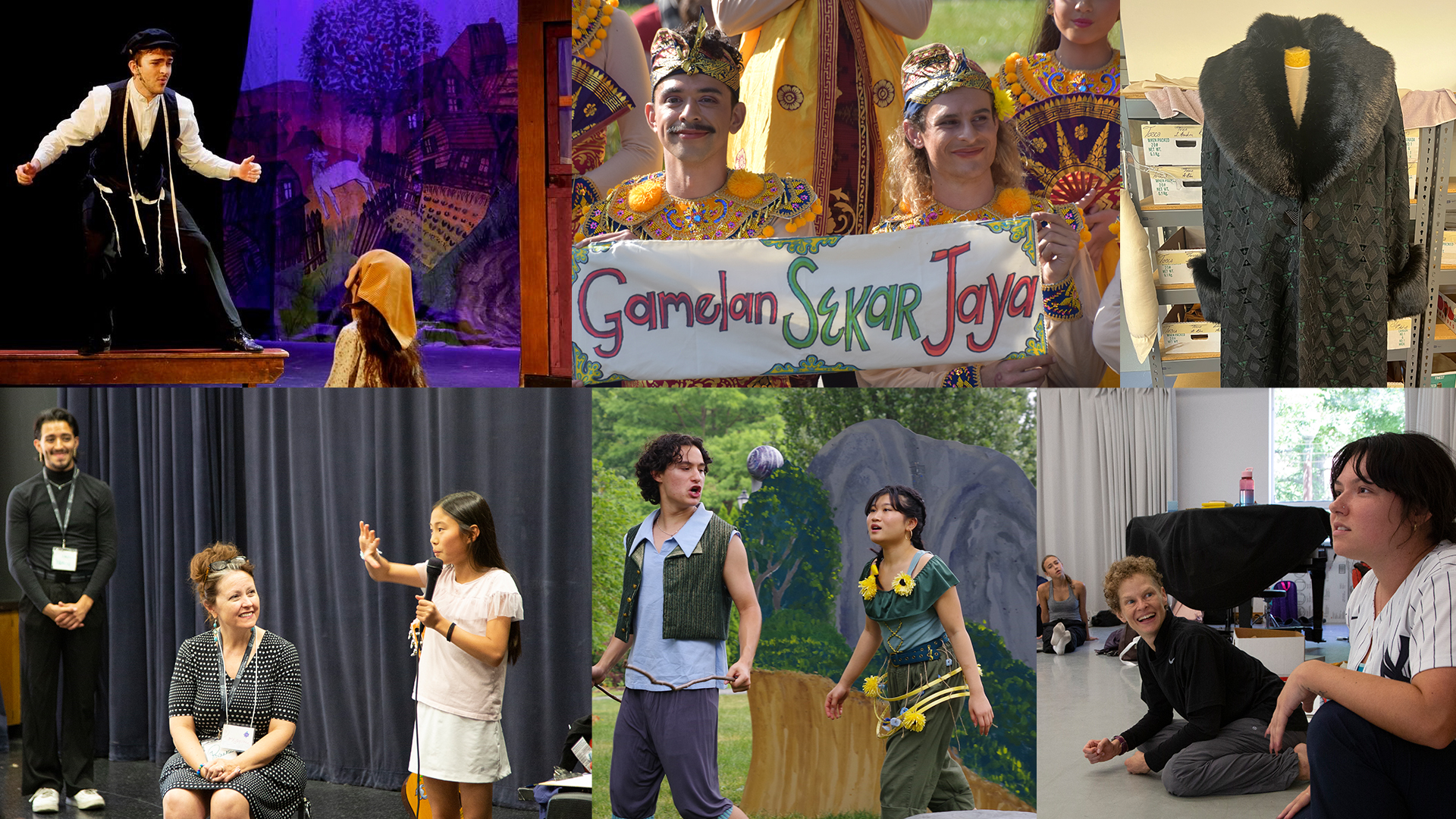 six photos of students and faculty performing, facilitating camps and showcasing their costume work