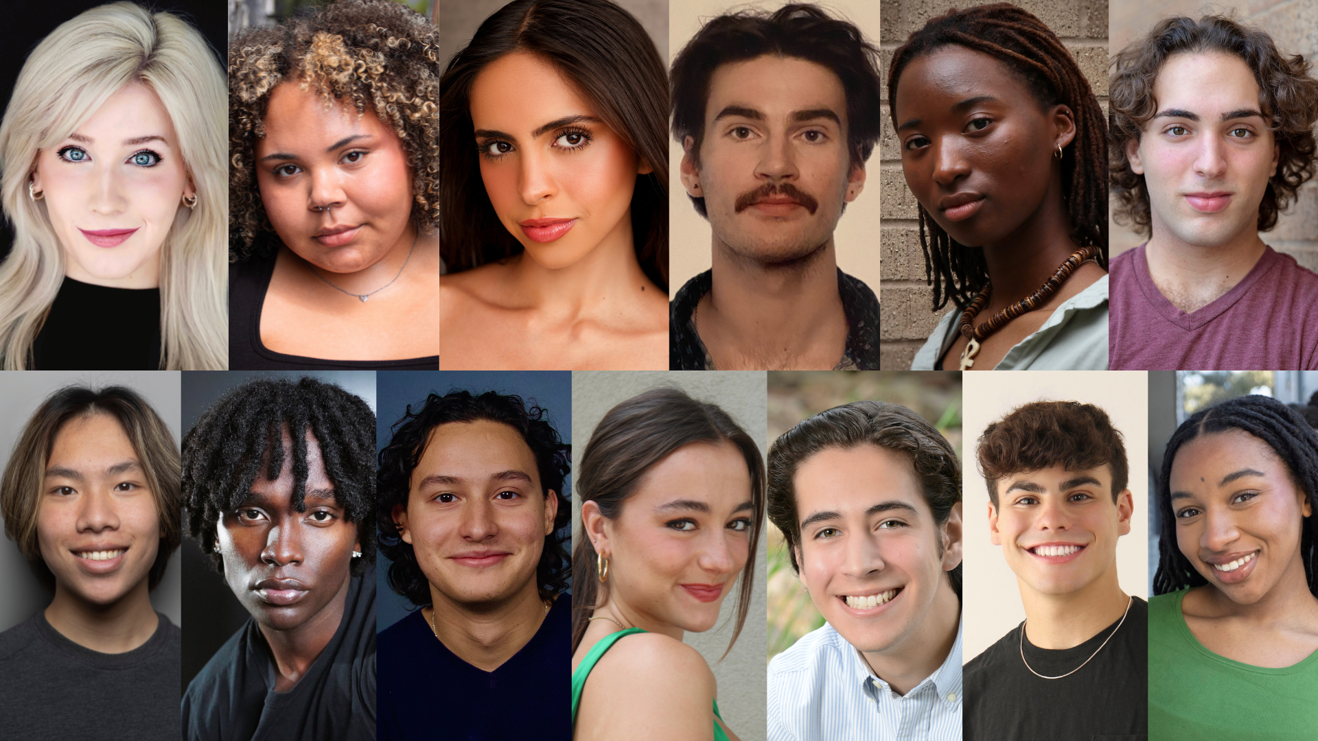 Meet the cast of James and the Giant Peach. The top row consists of (from Left to Right) Ella Scoresby, Sereniti Patterson, Belén Tamez, Immanuel Thomas, Eian Johnson and Oren Ederi. The bottom row consists of (from Left to Right) Markus Lee, Trevor Gatabaki, Dominic Gross, Taylor Dees, Connor Burk, Eli Leva and Ola Mbonu.