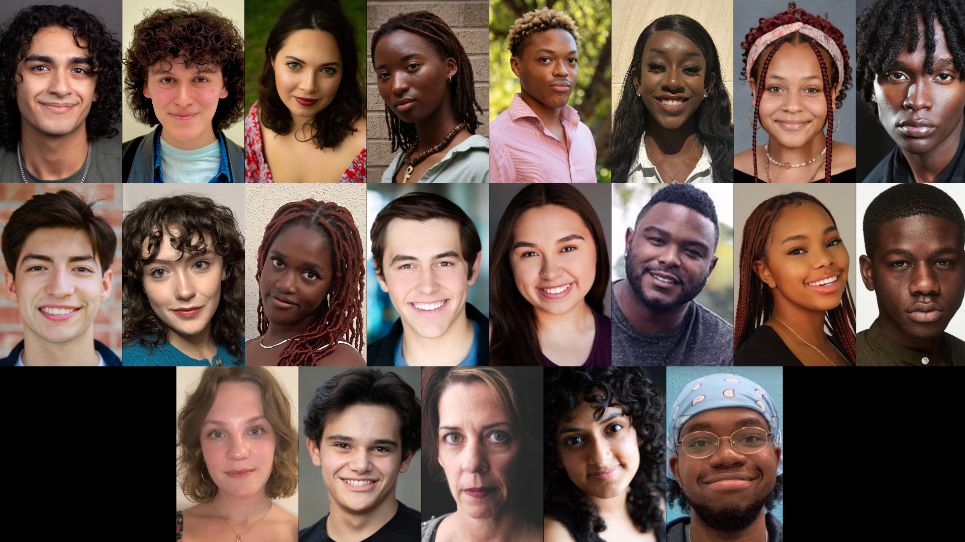 The casts of UTNT (UT New Theatre) have their headshots arranged in 3 rows, with 8 in 2 rows and 5 in the last one, respectively. To discover the names of the cast, keep reading and listen to the next few images.