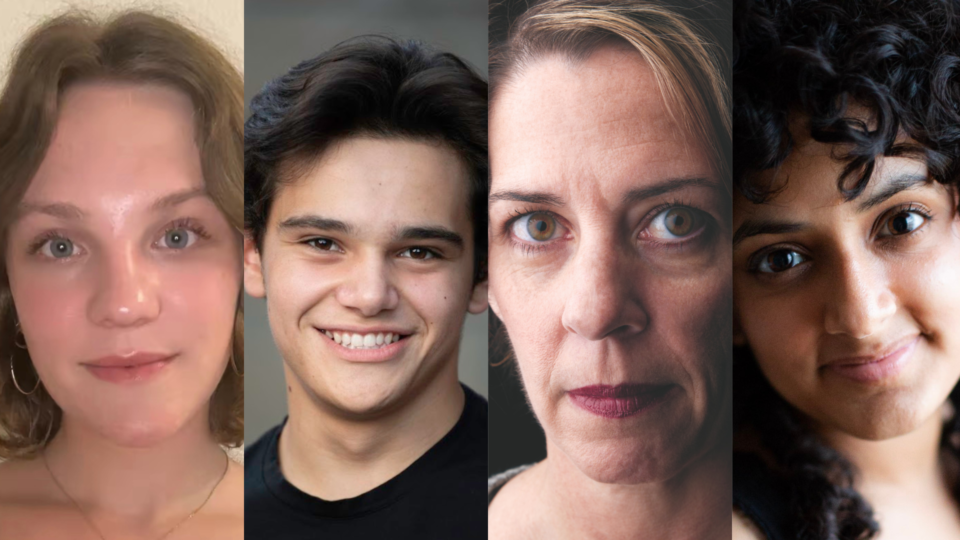 The cast of Three Exorcisms has their headshots arranged in one row. From left to right, Ella Evanson, David Gonima, Lana Lesley, Carlise Rosa.