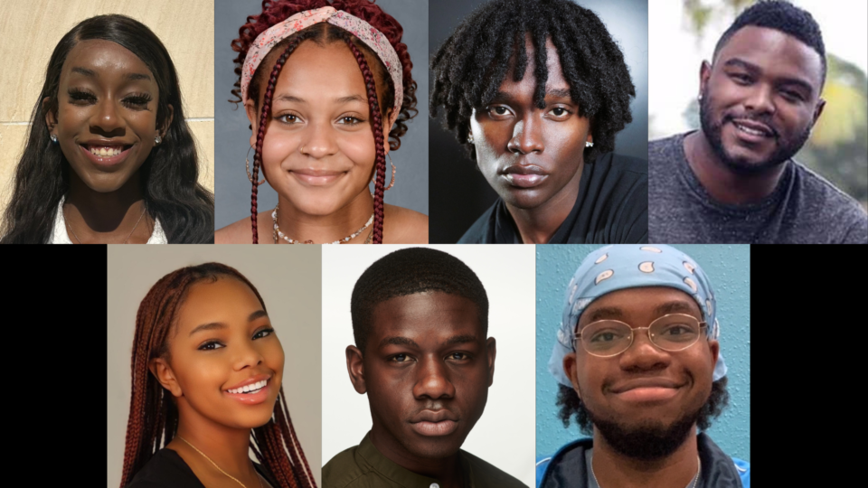 The cast of These. Are. The. Keystrokes. has their headshots arranged in two rows horizontally. In the top row, from left to right is Makayla Adelakun, Heavyn Carter, Trevor Gatabaki, Howard Hall. In the bottom row, from left to right is Haley Prince, Khalia Sacko, Jay Smith.