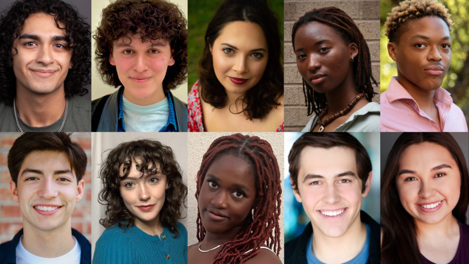 The cast of Once in a Hundred Years has their headshots filling up two rows. From left to right on the first row, Adam Flores Jr., Zoey Gonzales, Emerson Hartman, Eian Johnson, Isaiah Jones. From left to right on the bottom row is Roman Losa, Mackenzie Mann, Oyin Ojomo, Diego Rodriguez, Esmerelda Trevino.