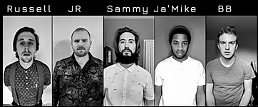 black and white image of 5 men in band